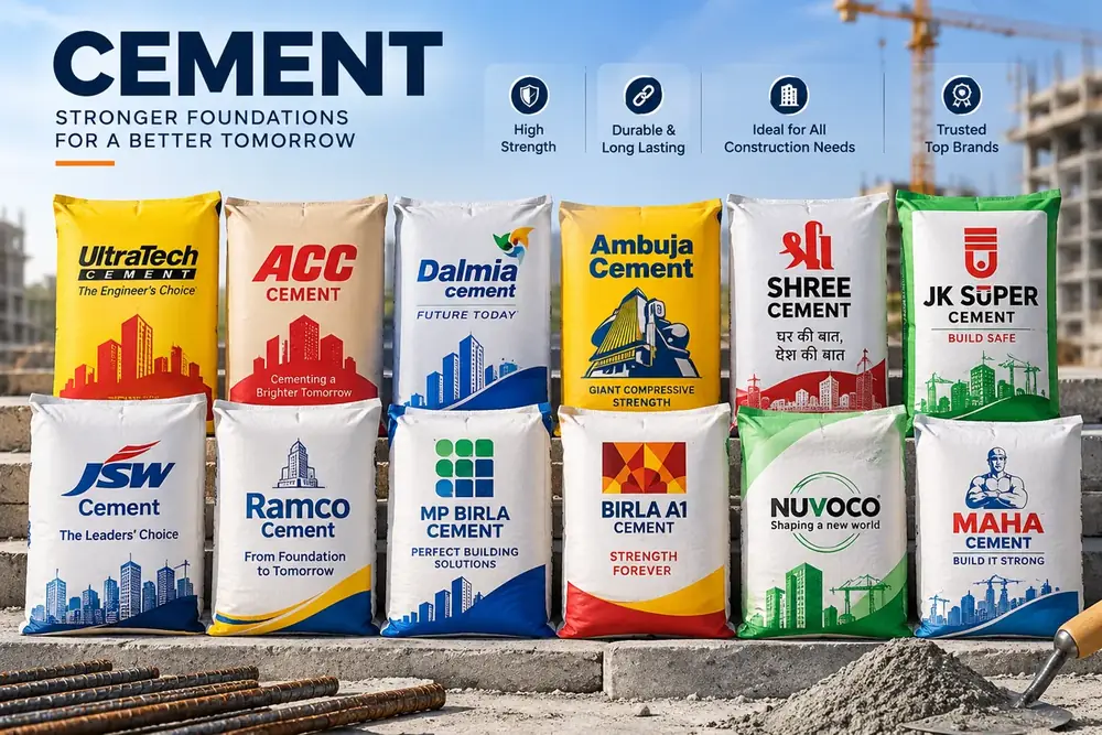 Cement Cement – ZEDEXMART – bags of top cement brands – UltraTech, ACC, Dalmia, Ambuja, Shree, JK Super, JSW, Ramco, MP Birla, Birla A1, Nuvoco and Maha – at a construction site